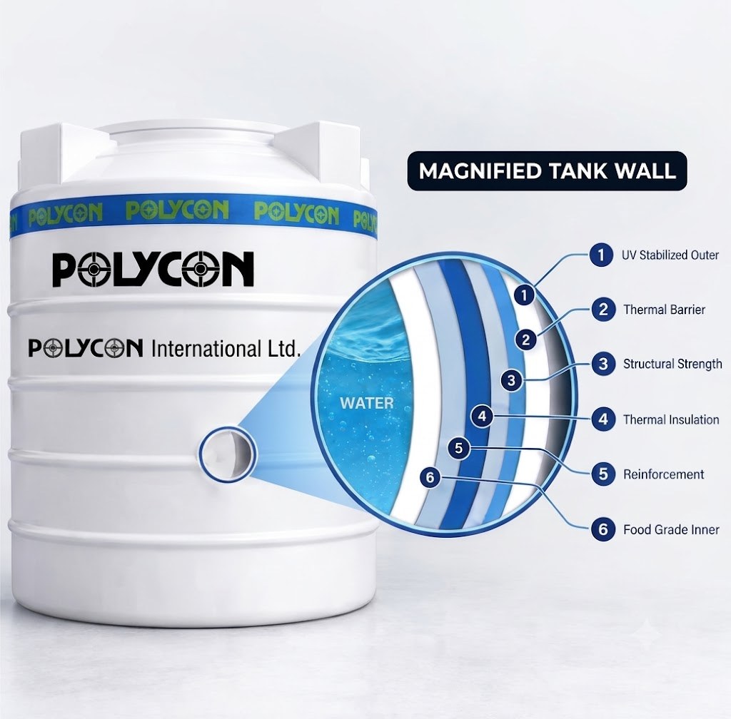 Polycon multi-layer water tank with magnified tank wall showing 6 layers: 1 UV Stabilized Outer, 2 Thermal Barrier, 3 Structural Strength, 4 Thermal Insulation, 5 Reinforcement, 6 Food Grade Inner